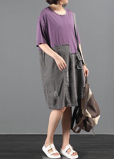 Purple Patchwork Denim Dress Pattern O Neck Baggy Summer Dress
