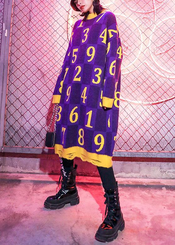 Purple Print Sweater Wardrobes Design O Neck Hole Funny Sweater Dress
