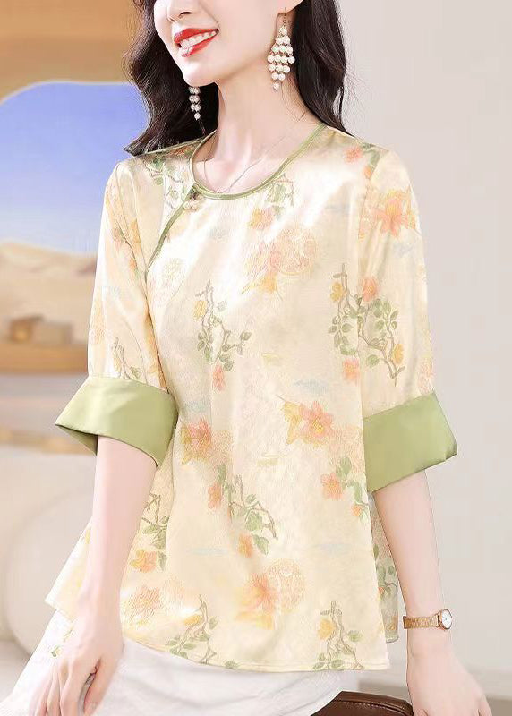 Chinese Style Apricot O-neck Jacquard Lace Up Silk Top Summer