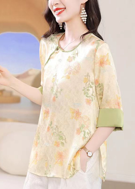 Chinese Style Apricot O-neck Jacquard Lace Up Silk Top Summer