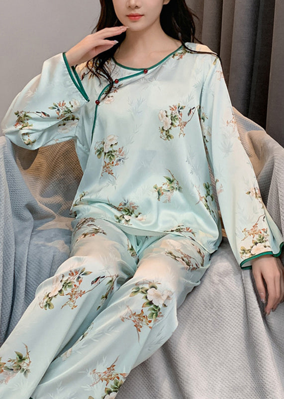 Chinese Style Beige O-neck Print Patchwork Ice Silk Two Pieces Set Long Sleeve