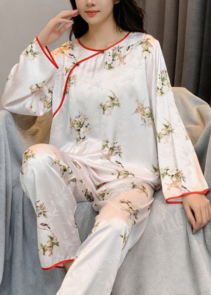 Chinese Style Beige O-neck Print Patchwork Ice Silk Two Pieces Set Long Sleeve