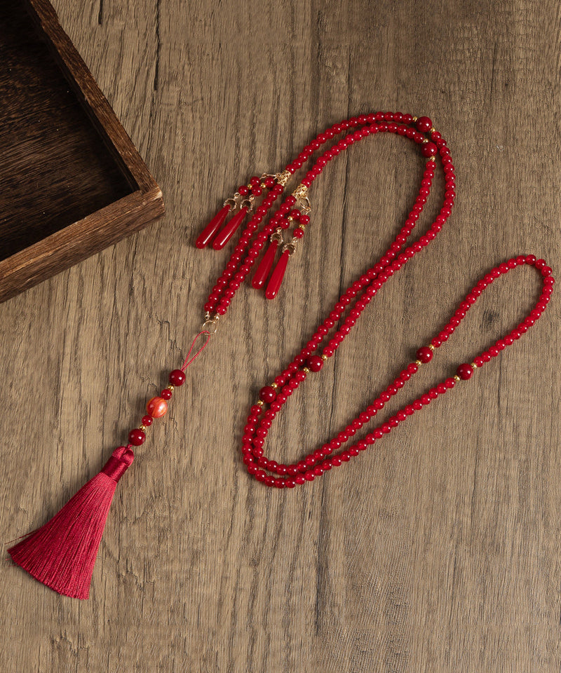 Chinese Style Black Alloy Glass Bead Resin Tassel Sweater Necklace