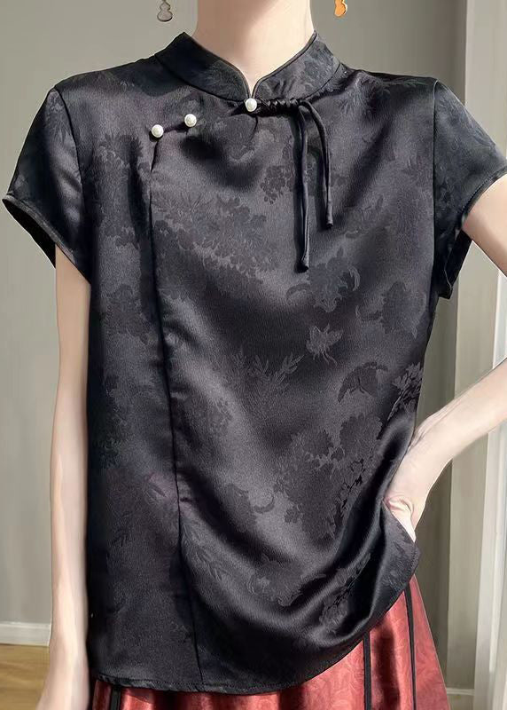 Chinese Style Black Button Silk Top Short Sleeve