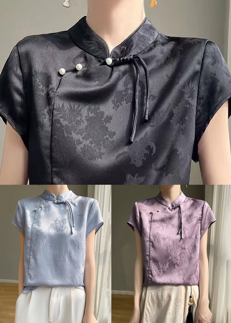 Chinese Style Black Button Silk Top Short Sleeve