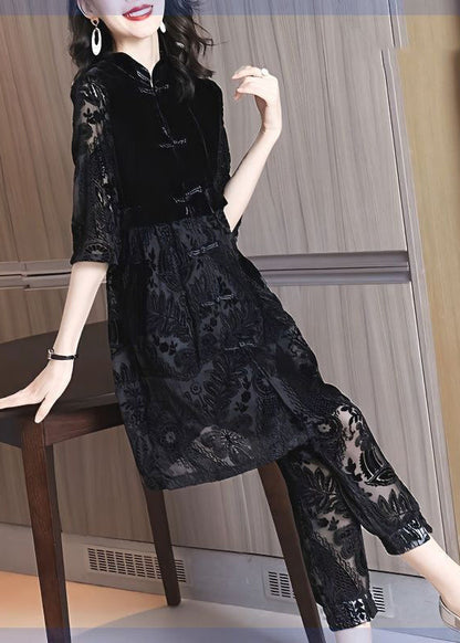 Chinese Style Black Stand Collar Asymmetrical Lace Dress and Crop Pants Two Piece Set Fall