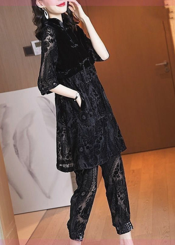 Chinese Style Black Stand Collar Asymmetrical Lace Dress and Crop Pants Two Piece Set Fall