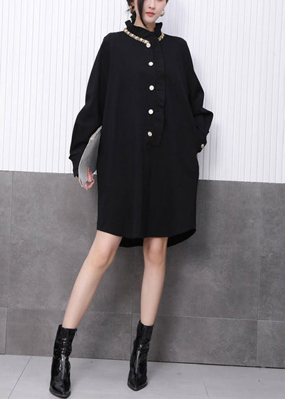 Chinese Style Black Stand Collar Mid Dress Fall