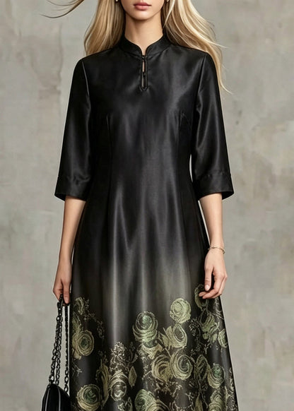 Chinese Style Black Stand Collar Print Silk Long Dresses Summer