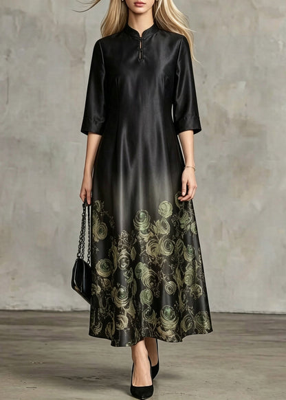 Chinese Style Black Stand Collar Print Silk Long Dresses Summer