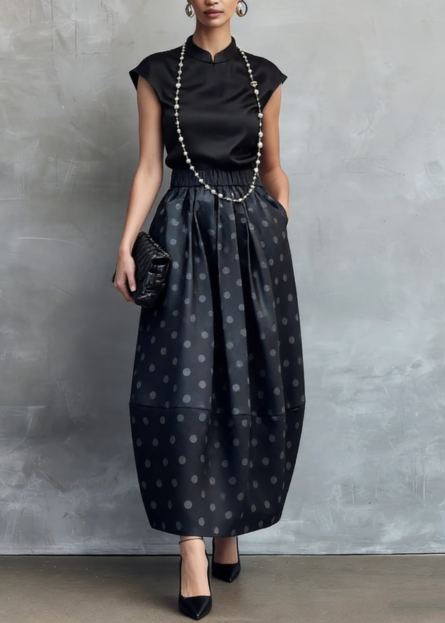 Chinese Style Black Stand Collar Shirts and Dot Skirts Silk Two Piece Set Summer