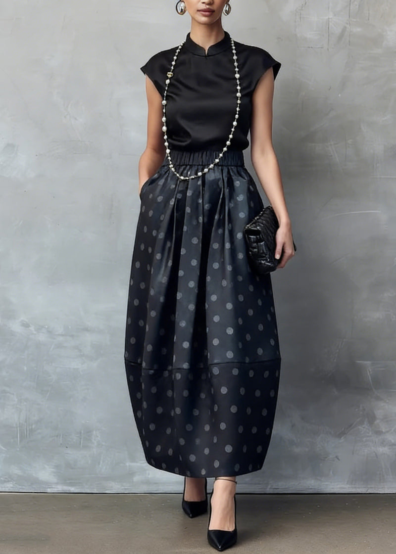 Chinese Style Black Stand Collar Shirts and Dot Skirts Silk Two Piece Set Summer