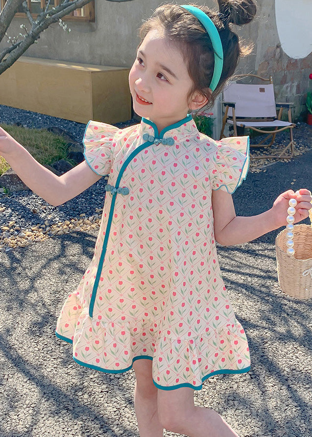 Chinese Style Blue Ruffled Print Button Mid Dress Summer