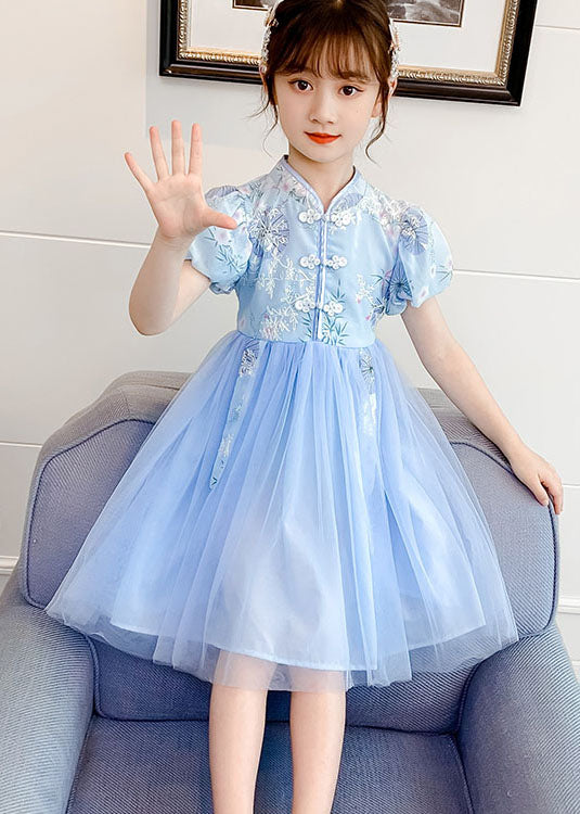 Chinese Style Blue Stand Collar Embroideried Patchwork Chiffon Kids Dress Summer