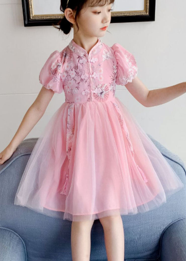 Chinese Style Blue Stand Collar Embroideried Patchwork Chiffon Kids Dress Summer