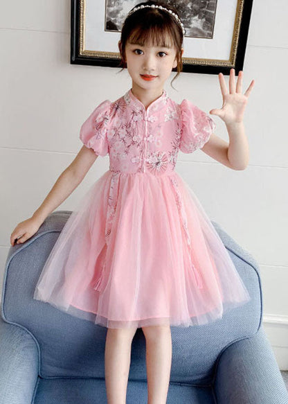 Chinese Style Blue Stand Collar Embroideried Patchwork Chiffon Kids Dress Summer