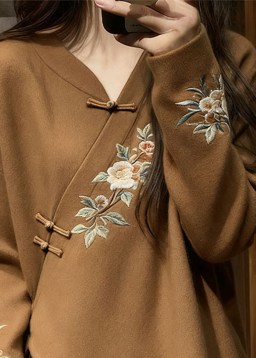 Chinese Style Brown V Neck Knit Sweater Spring