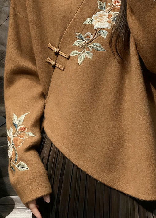 Chinese Style Brown V Neck Knit Sweater Spring