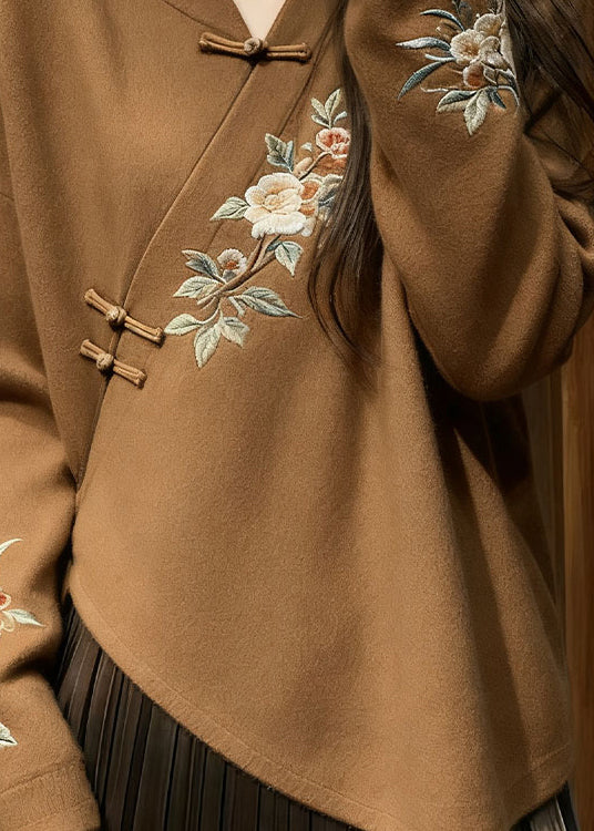 Chinese Style Brown V Neck Knit Sweater Spring