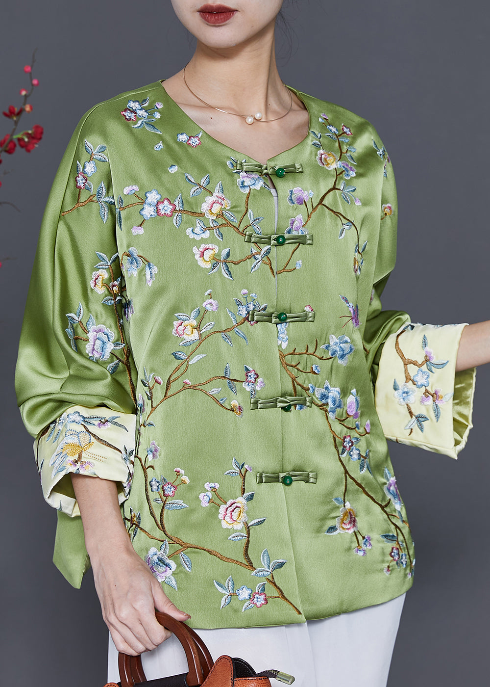 Chinese Style Green Print Silk Coat Spring