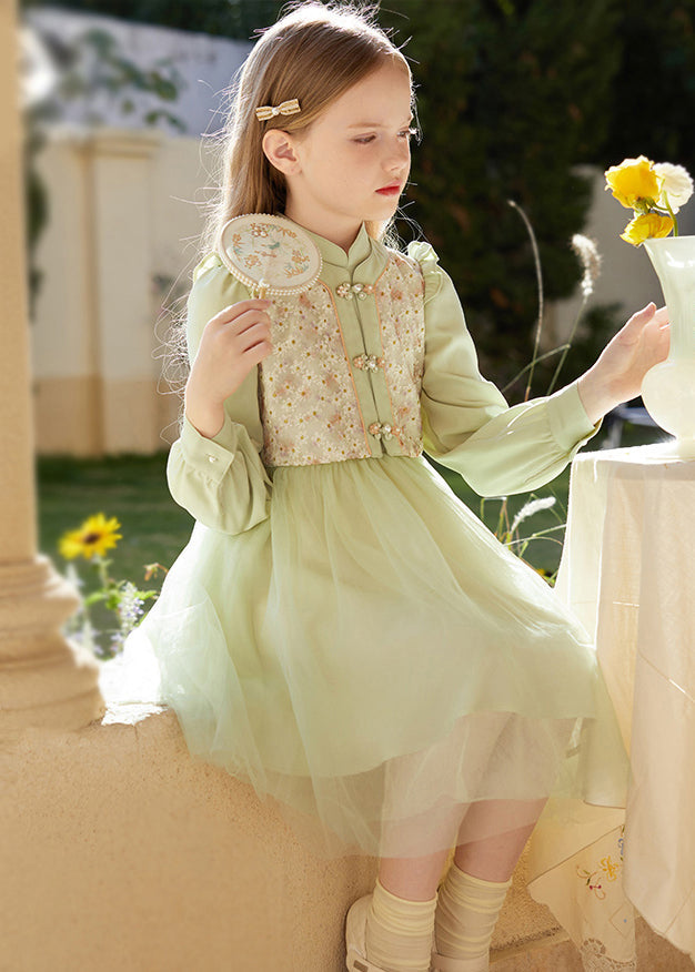 Chinese Style Green Embroideried Ruffled Tulle Patchwork Mid Dress Fall