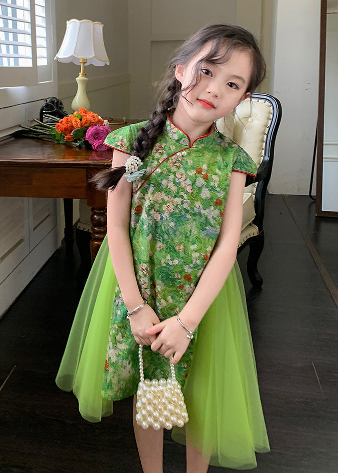 Chinese Style Green Mandarin Collar Patchwork Tulle Chiffon Kids Mid Dress Summer