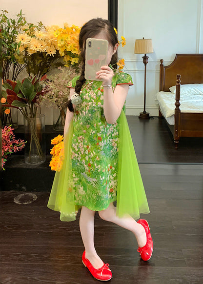 Chinese Style Green Mandarin Collar Patchwork Tulle Chiffon Kids Mid Dress Summer