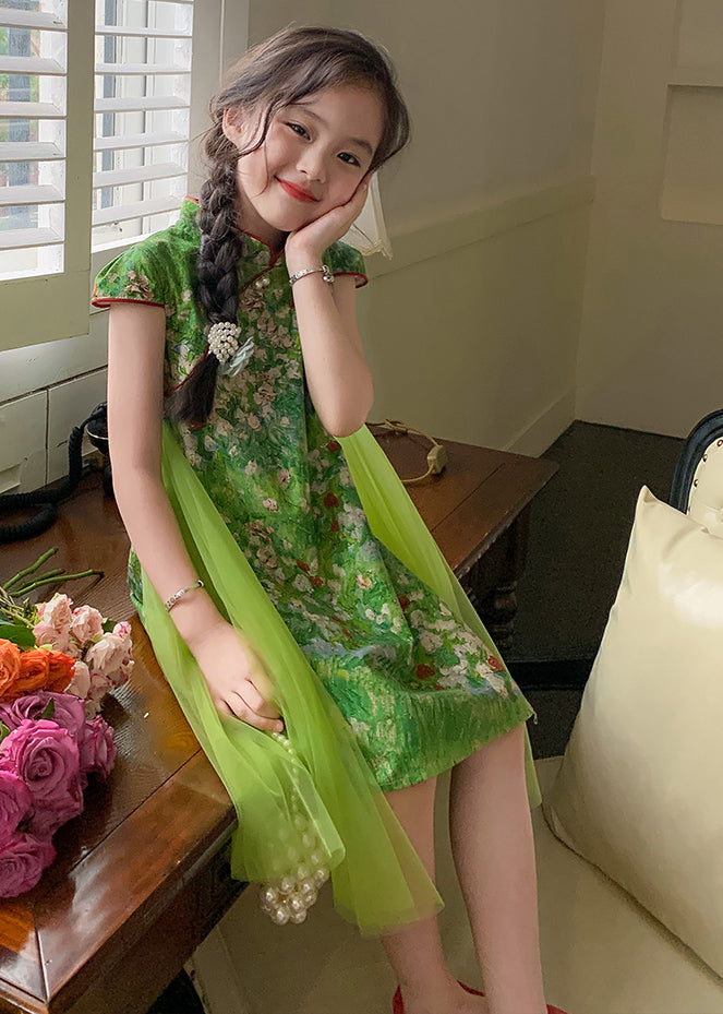 Chinese Style Green Mandarin Collar Patchwork Tulle Chiffon Kids Mid Dress Summer