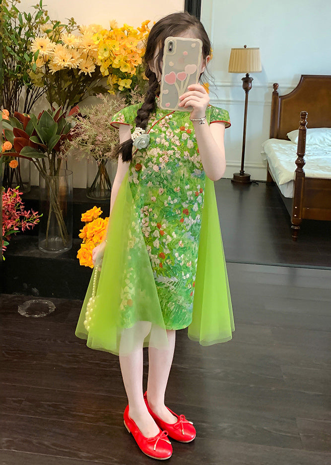 Chinese Style Green Mandarin Collar Patchwork Tulle Chiffon Kids Mid Dress Summer