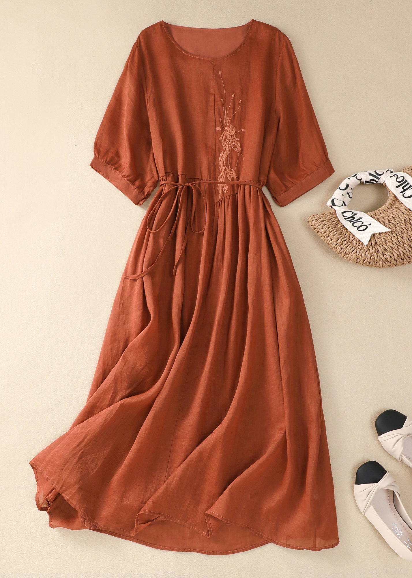 Chinese Style Green O-neck Embroidered Tie Waist Cotton Dresses Summer