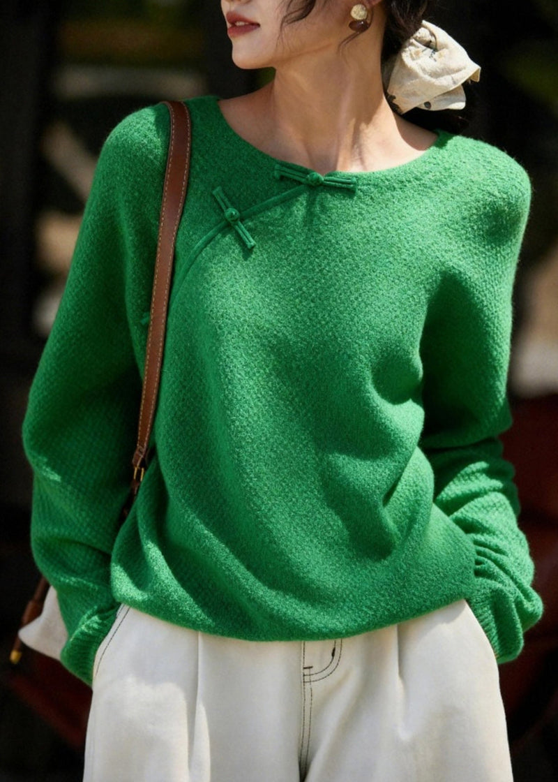 Chinese Style Green O-neck Patchwork Cozy Cotton Knit Sweater Spring
