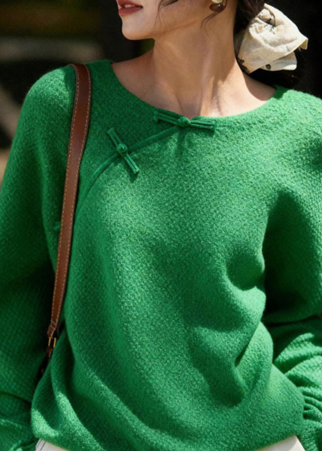 Chinese Style Green O-neck Patchwork Cozy Cotton Knit Sweater Spring