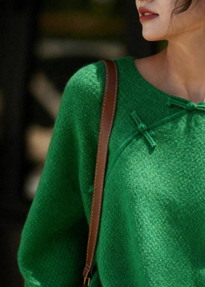 Chinese Style Green O-neck Patchwork Cozy Cotton Knit Sweater Spring