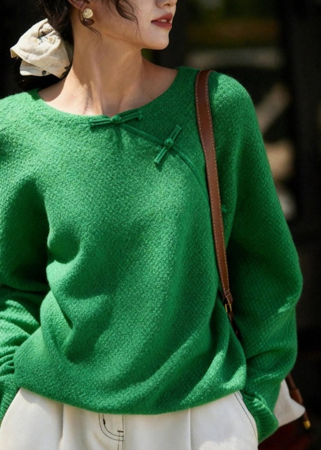 Chinese Style Green O-neck Patchwork Cozy Cotton Knit Sweater Spring