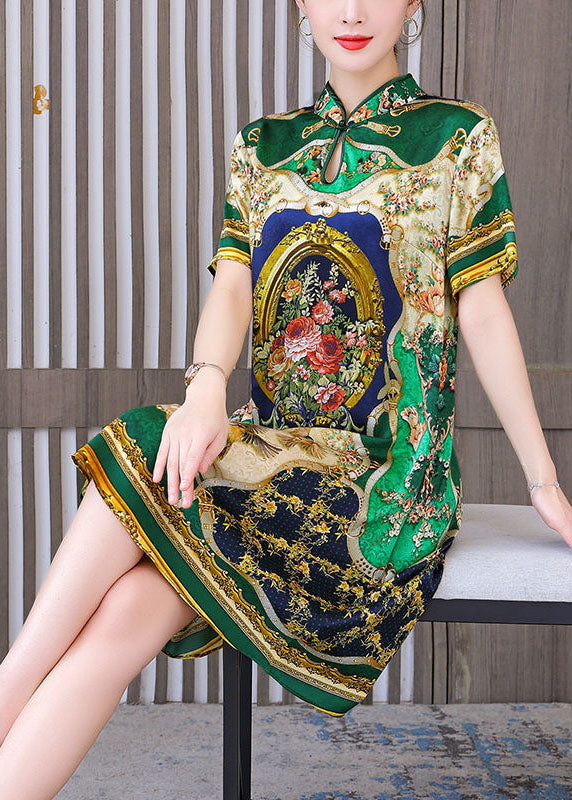 Chinese Style Green Print Mandarin Collar Silk a Line Dress Summer