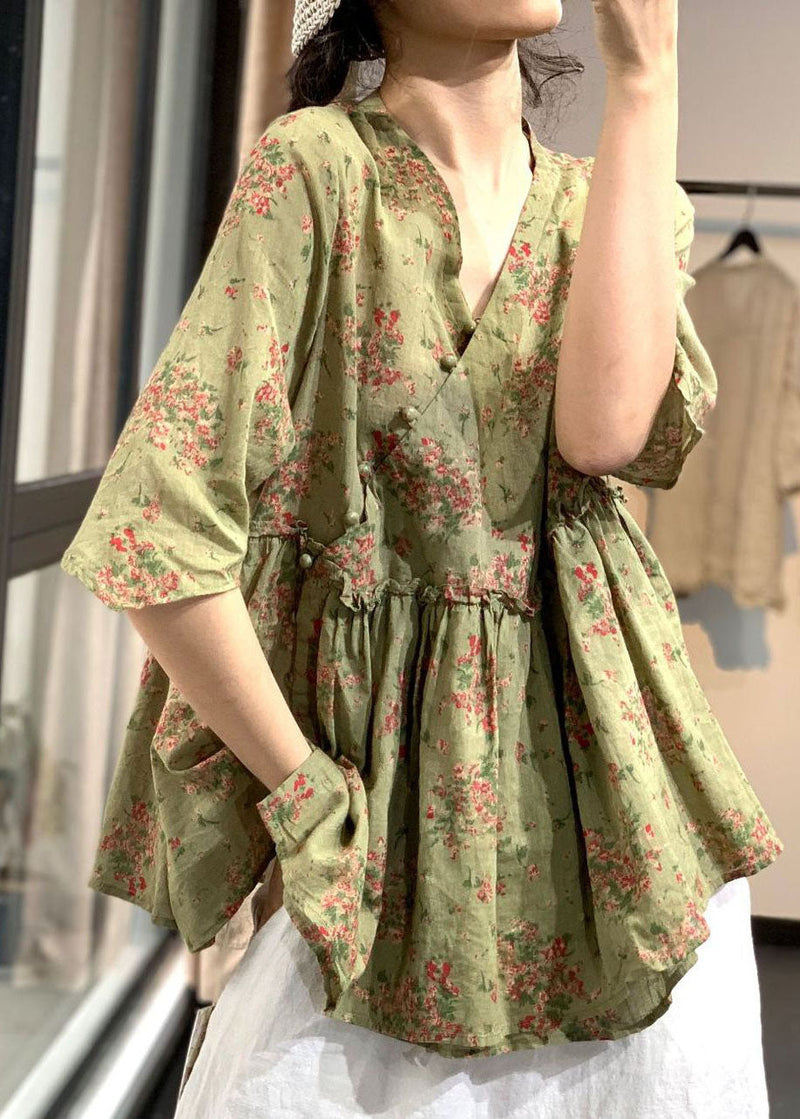 Chinese Style Green V Neck Button Ruffled Print Cotton Linen Tops Half Sleeve