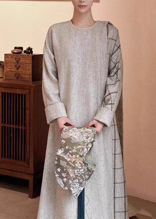 Chinese Style Grey Cape and Dress Cotton Two-piece Set Spring