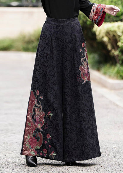 Chinese Style Navy Embroidered Pockets Cotton Pants Fall