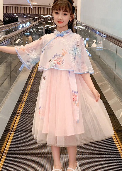 Chinese Style Pink Embroideried Patchwork Chiffon Kids Dress Summer