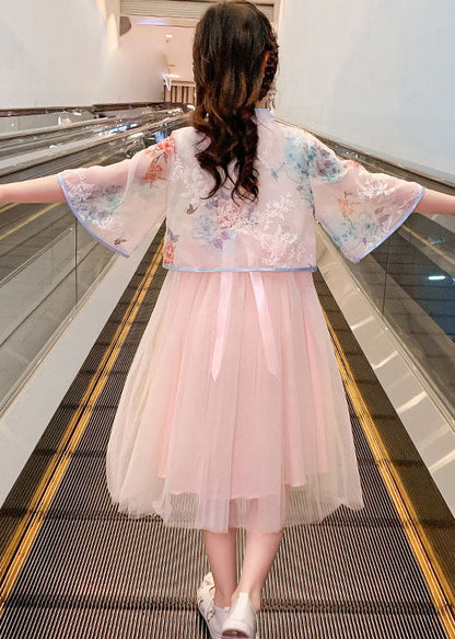 Chinese Style Pink Embroideried Patchwork Chiffon Kids Dress Summer