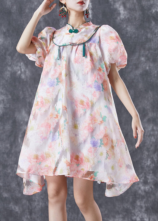 Chinese Style Pink Mandarin Collar Print Silk a Line Dress Puff Sleeve