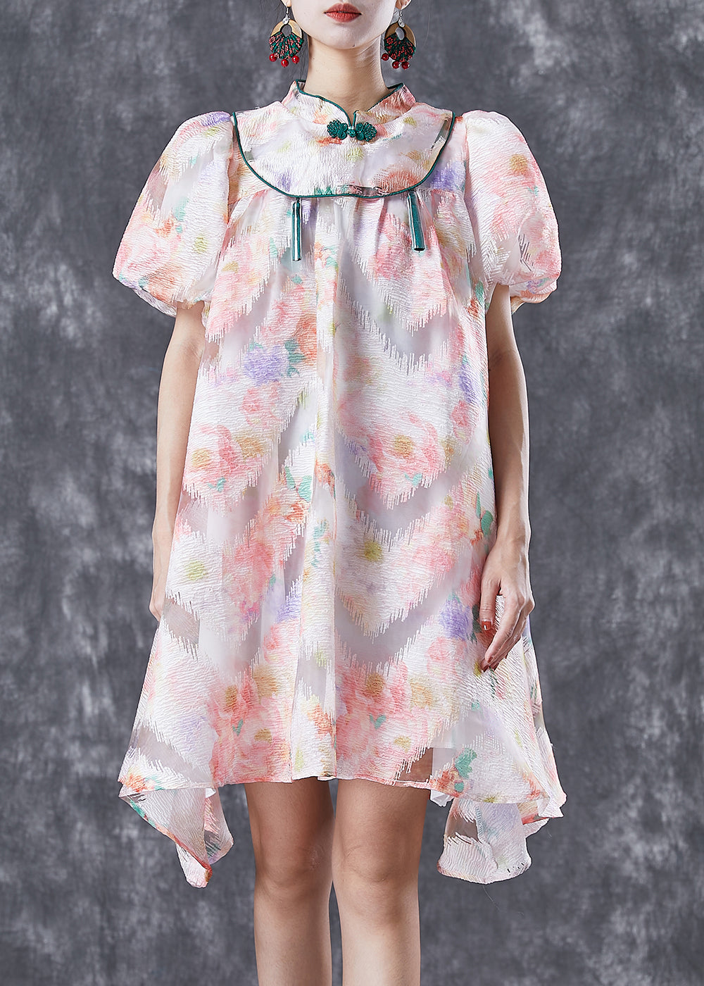 Chinese Style Pink Mandarin Collar Print Silk a Line Dress Puff Sleeve