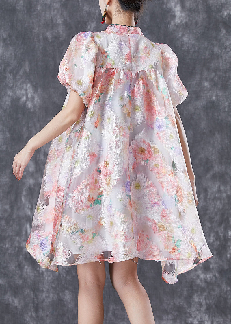 Chinese Style Pink Mandarin Collar Print Silk a Line Dress Puff Sleeve