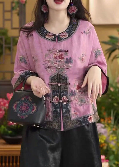 Chinese Style Pink O-neck Oriental Button Cotton Shirt Tops Summer