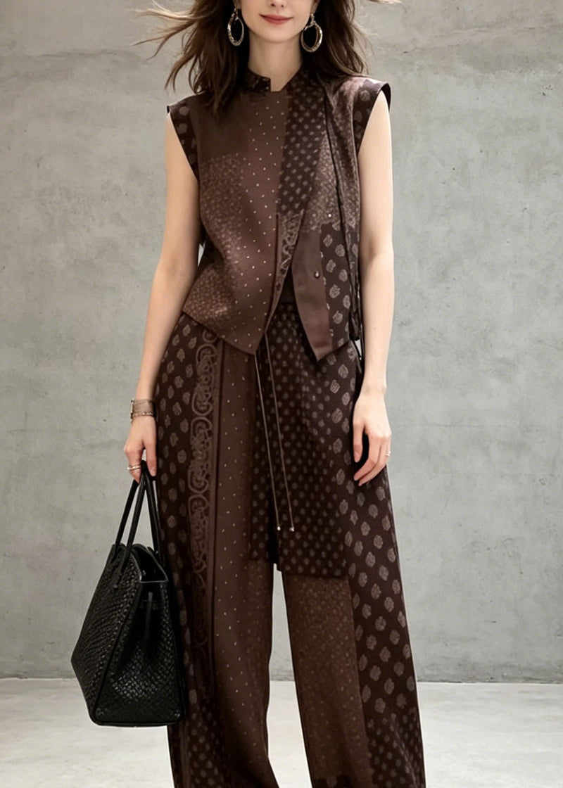 Chinese Style Print Pockets Silk Two Pieces Set Sleeveless