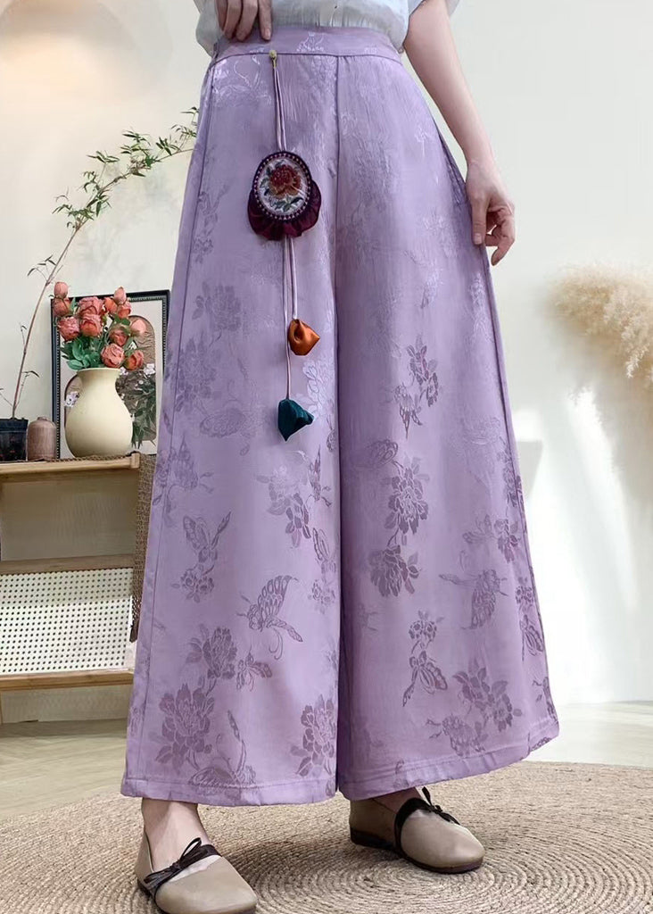 Chinese Style Purple Tassel Pockets Jacquard Silk Pants Fall