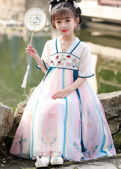 Chinese Style Red Embroideried Wrinkled Patchwork Chiffon Kids Dresses Summer