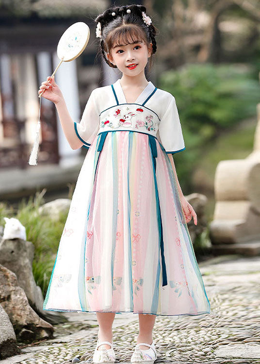 Chinese Style Red Embroideried Wrinkled Patchwork Chiffon Kids Dresses Summer