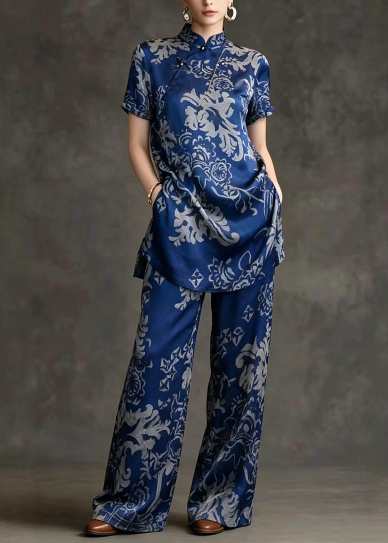 Chinese Style Stand Collar Print Silk Two Pieces Set Summer