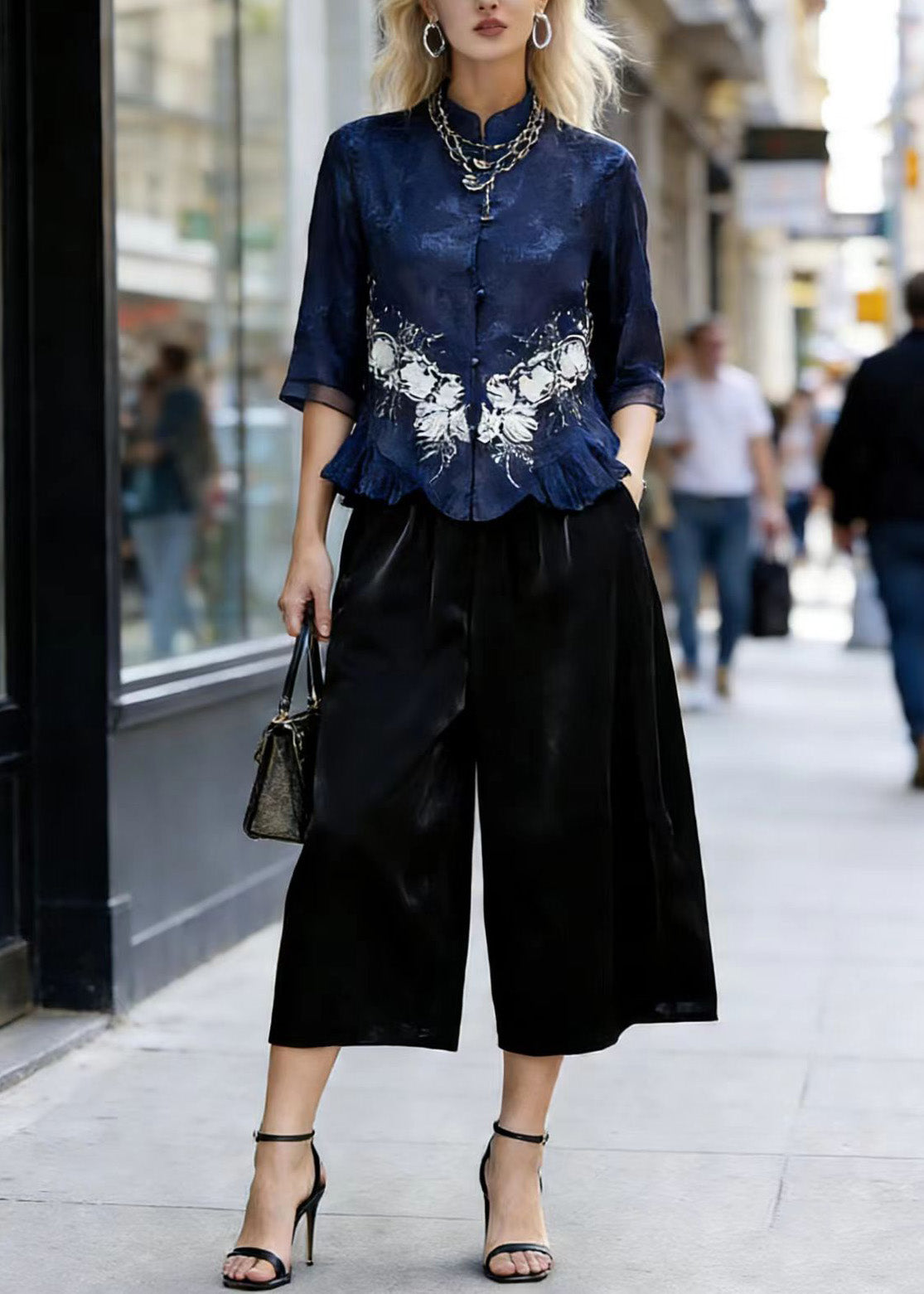 Chinese Style Stand Collar Ruffled Silk Two Pieces Set Summer